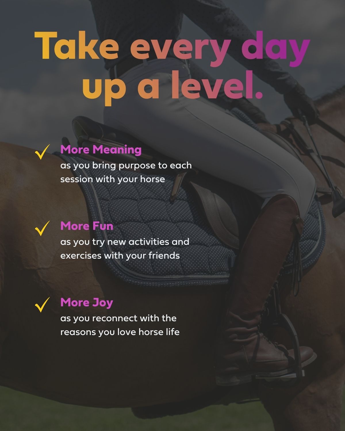 Person on horseback with text about horse riding experiences