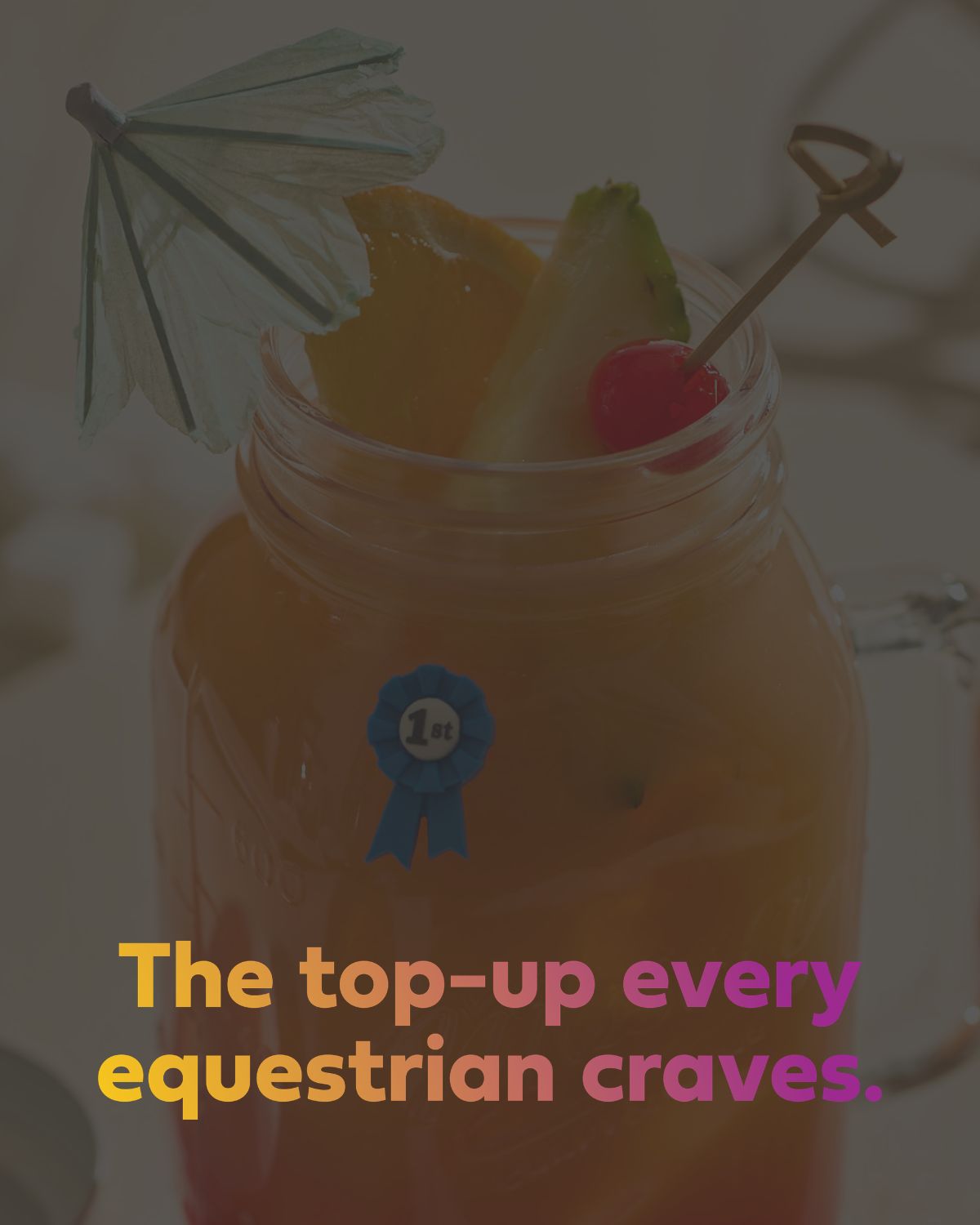 Mason jar with a drink, pineapple wedge, cherry, and umbrella on a blurred background with text.