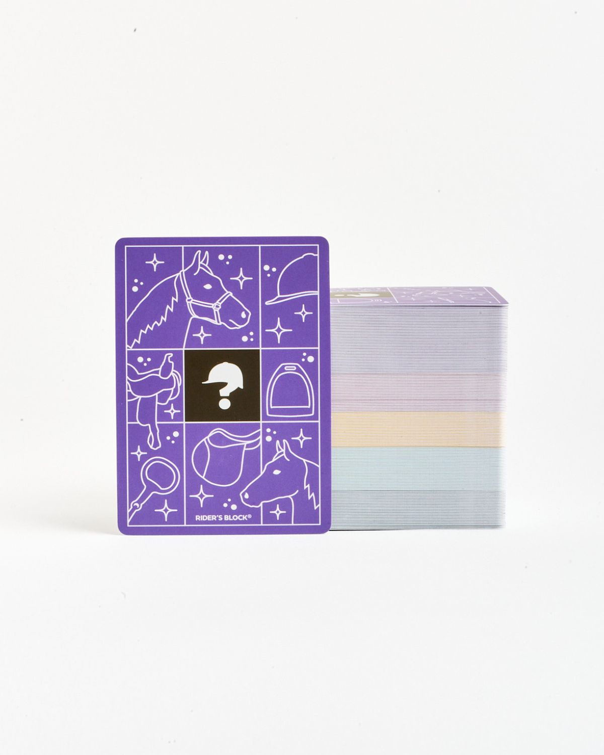 Set of colorful cards with horse illustrations on a purple card, on a white background