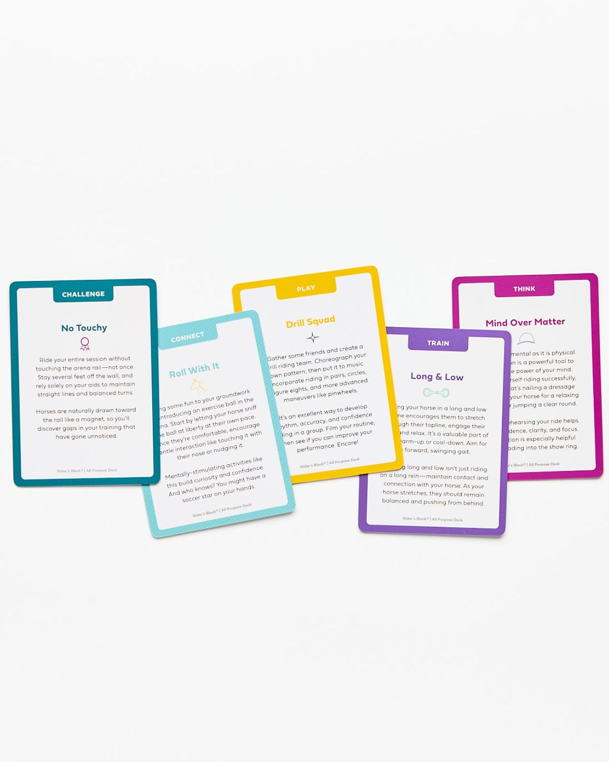 Set of colorful cards with text on a white background