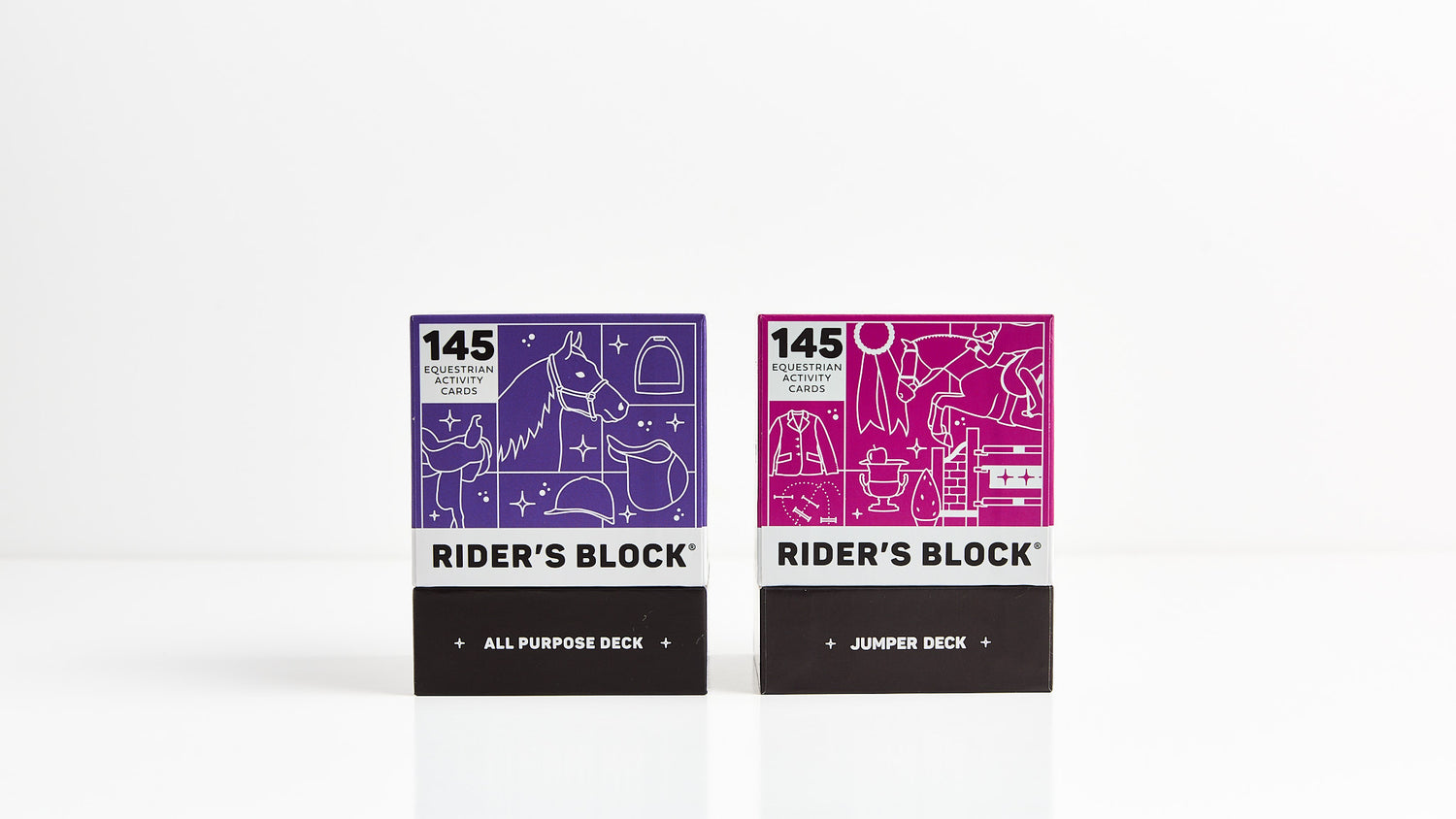 Two 'Rider's Block' card decks on a white background