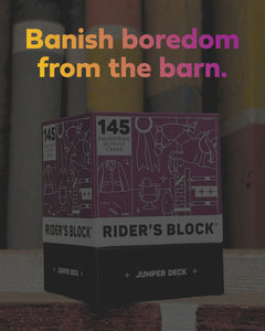 Box of Rider's Block cards with text 'Banish boredom from the barn.'