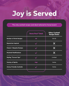 Cocktail recipe card deck for horse lovers with comparison to other decks on a purple background.