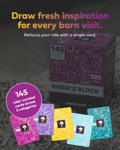 Rider's Block card deck packaging with cards displayed on a dark background