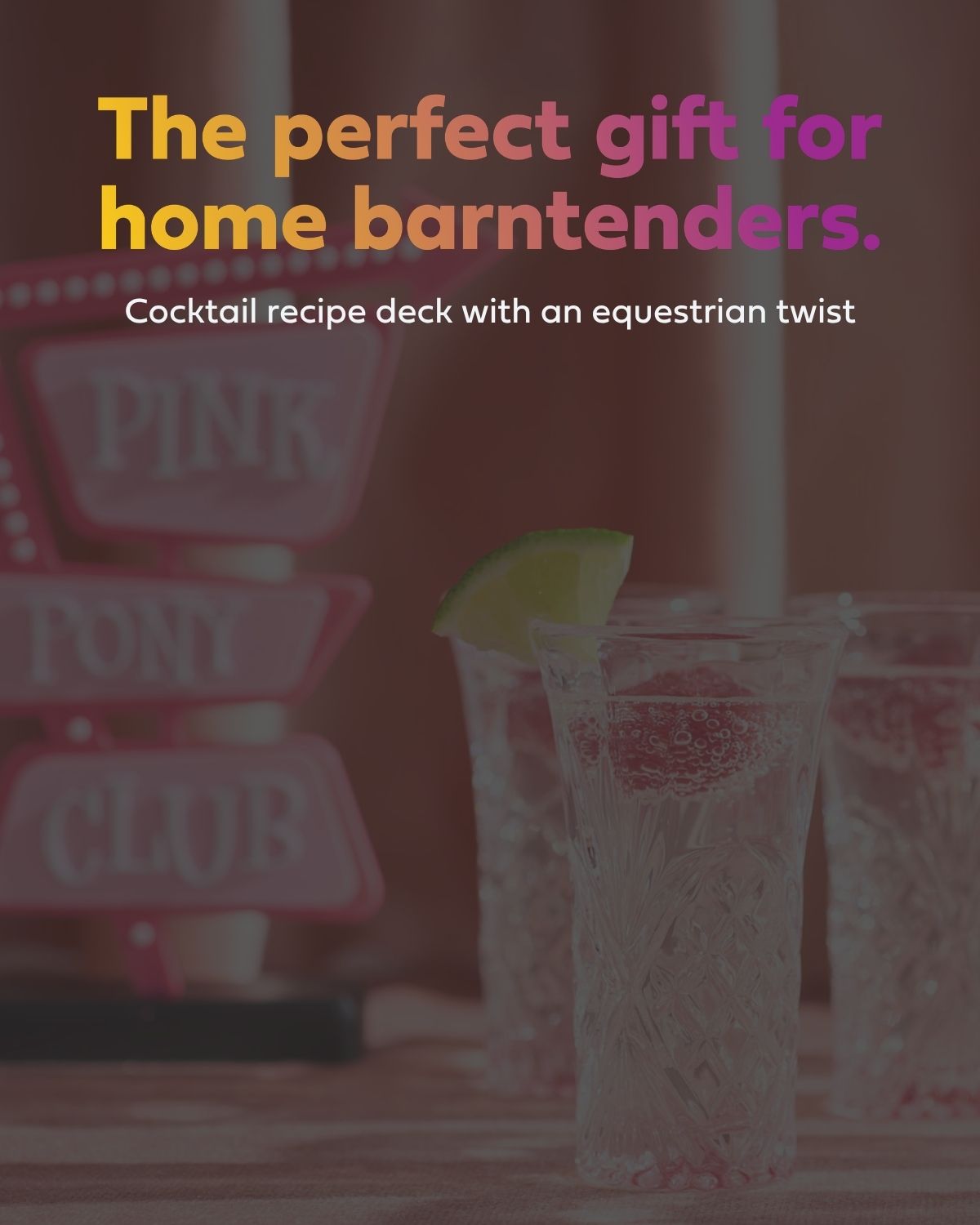 Cocktail recipe deck with equestrian theme and decorative glassware.