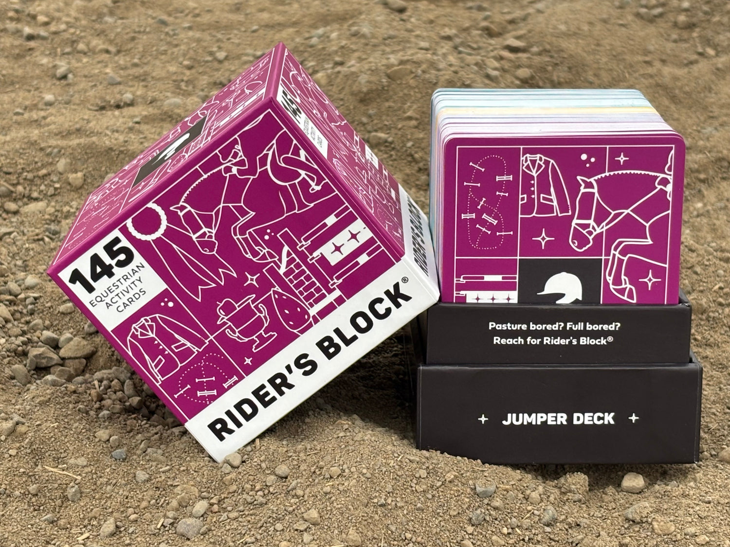 Rider's Block card deck packaging on a sandy background