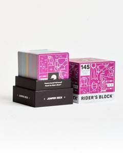Collection of card decks and boxes with 'Rider's Block' branding on a white background