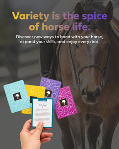 Hand holding playing cards with a horse in the background and text about bonding with horses.