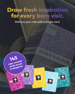 Rider's Block cards with colorful designs and text on a dark background