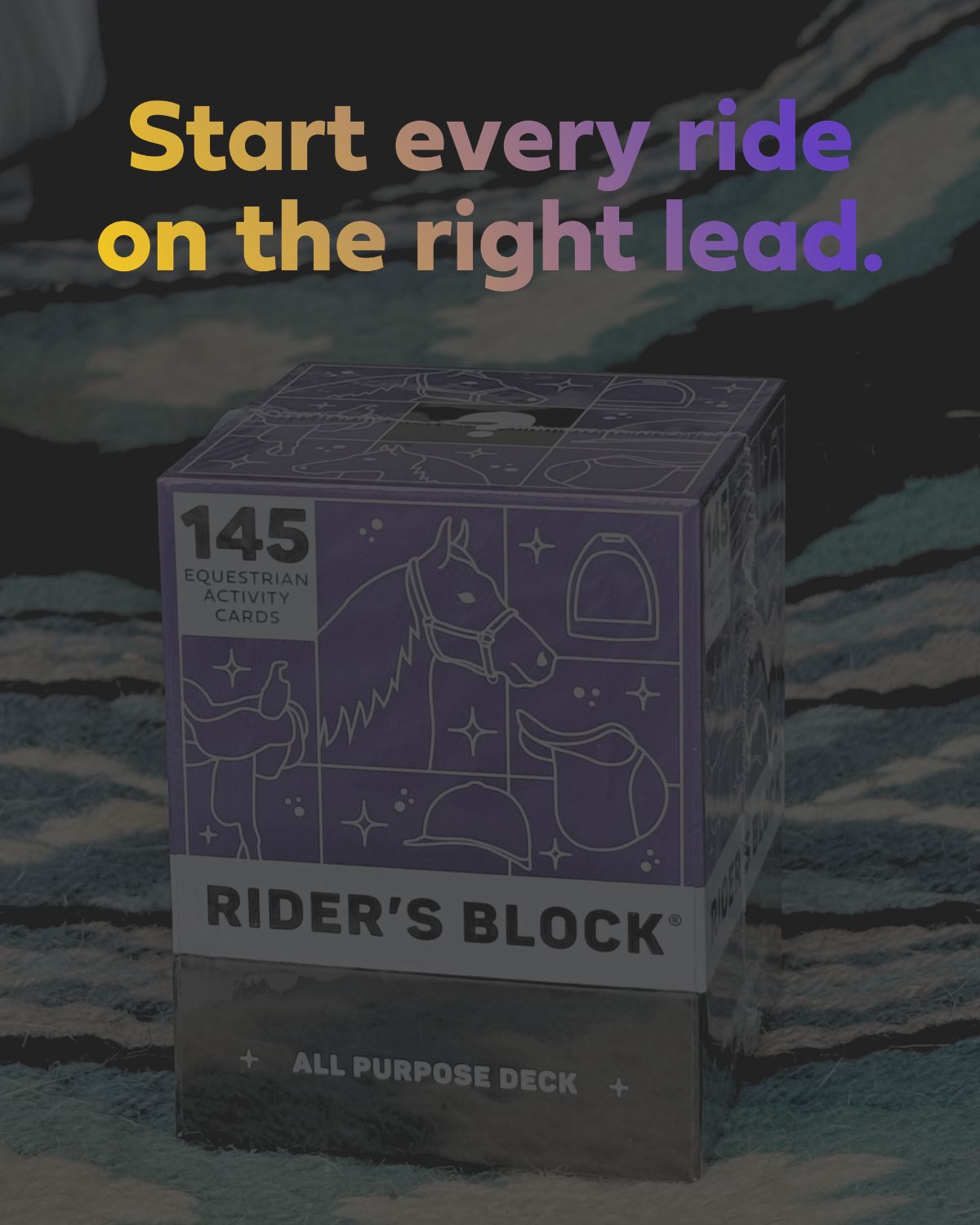 Rider's Block card deck packaging with horse illustrations on a textured background.