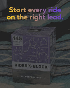 Rider's Block card deck packaging with horse illustrations on a textured background.