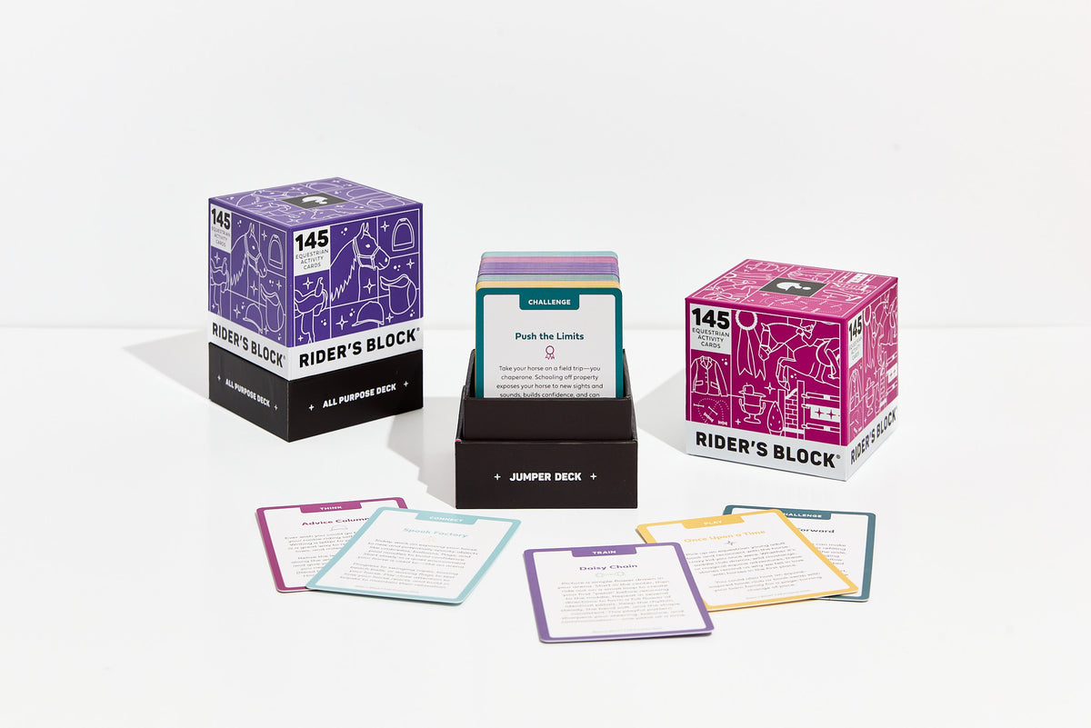 Collection of card decks and packaging from Riders Block on a white background