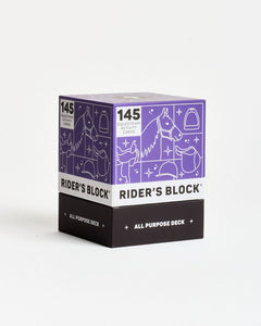 Card deck packaging with 'Rider's Block' branding on a white background