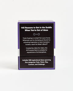 Card deck packaging with text on a white background