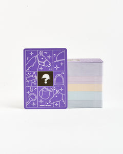 Set of colorful cards with horse illustrations on a purple card, on a white background