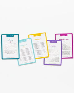 Set of colorful cards with text on a white background