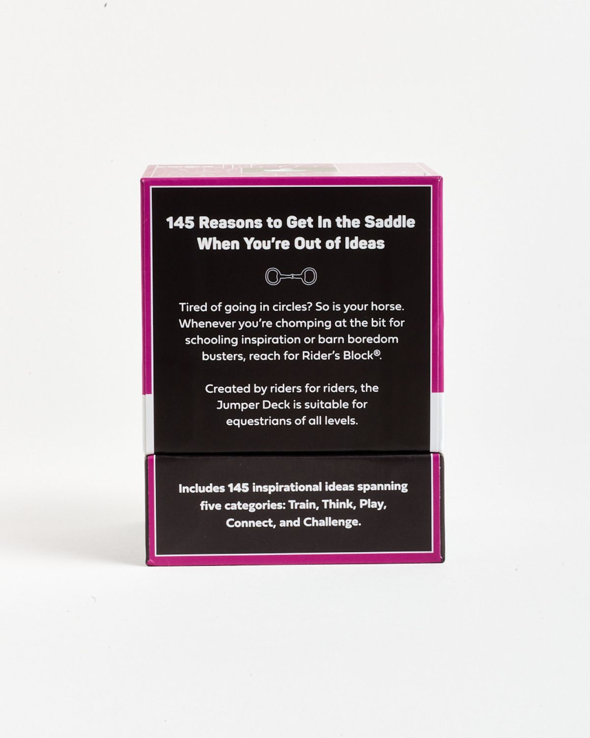 Card with text about '145 Reasons to Get in the Saddle' on a white background