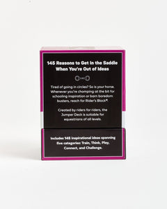 Card with text about '145 Reasons to Get in the Saddle' on a white background
