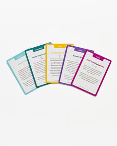Set of colorful cards with text on a white background